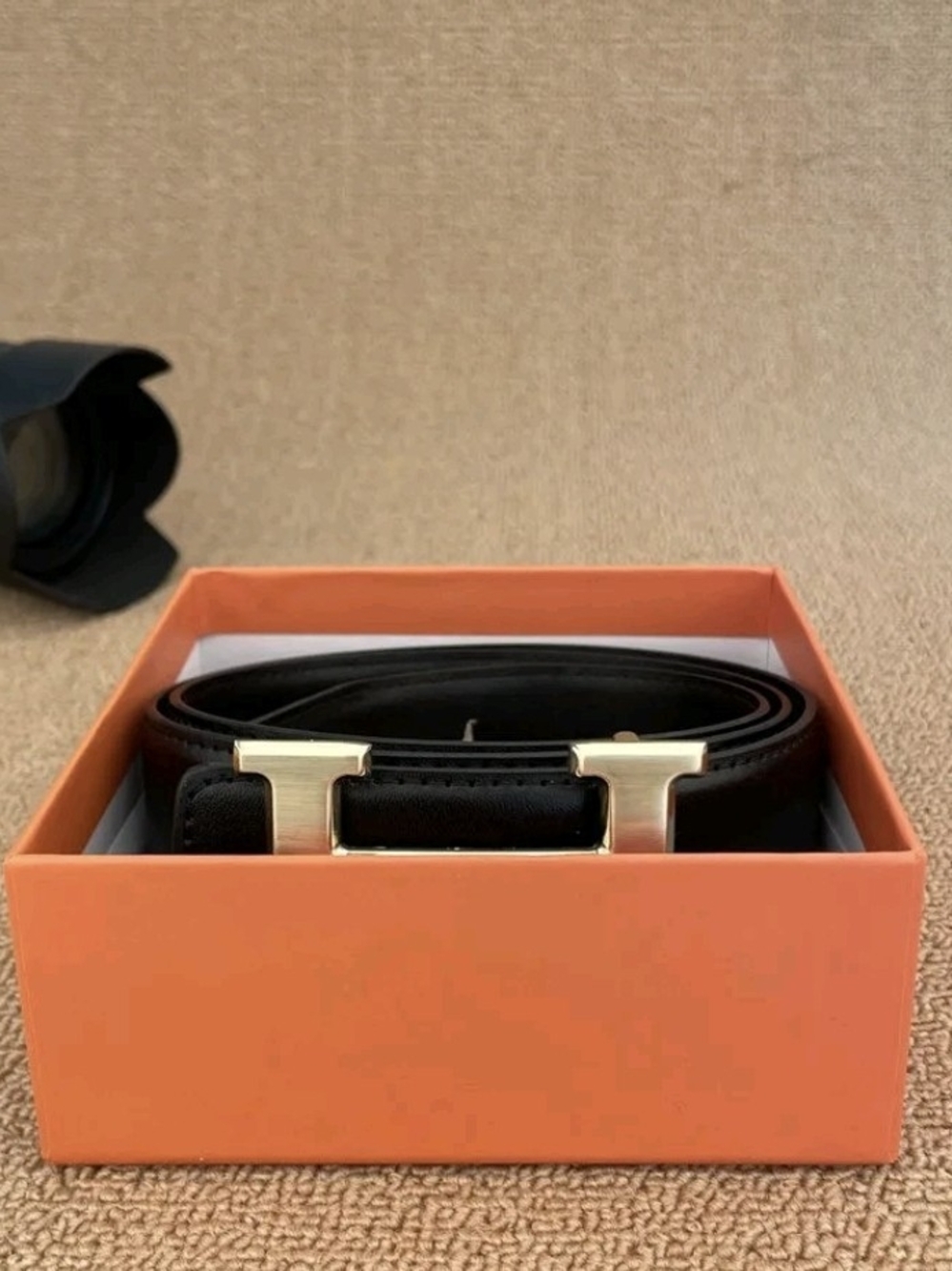 Black Leather Belt with Gold H Buckle
